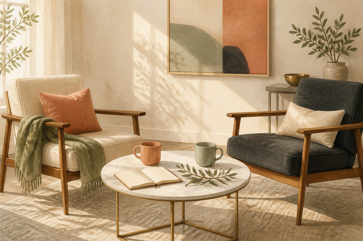 Two chairs and mugs arranged for a calm conversation