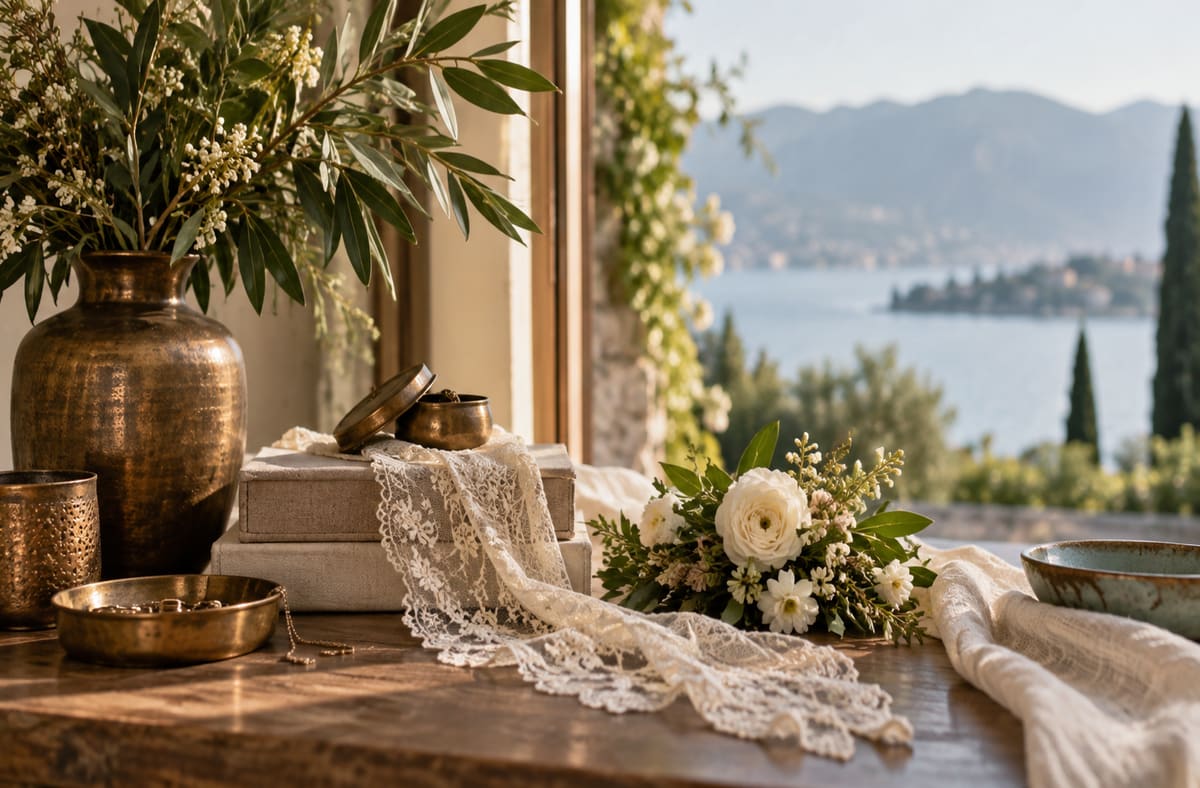 Bronze meets Linen or Lace in a tactile year 8 anniversary still life