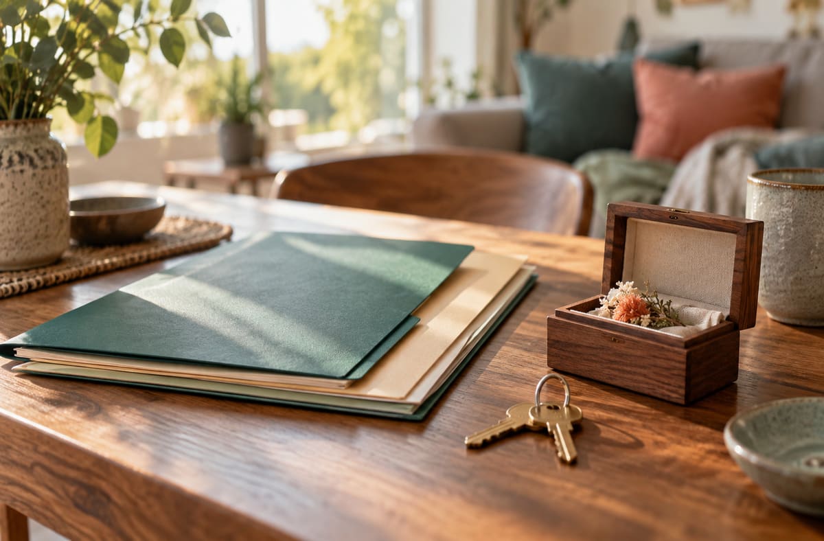 Blank credit scores notebooks frame credit scores decisions beside calm household objects