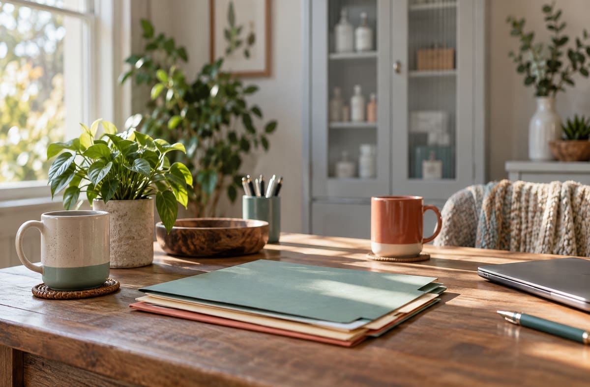 Blank health insurance notebooks frame health insurance decisions beside calm household objects