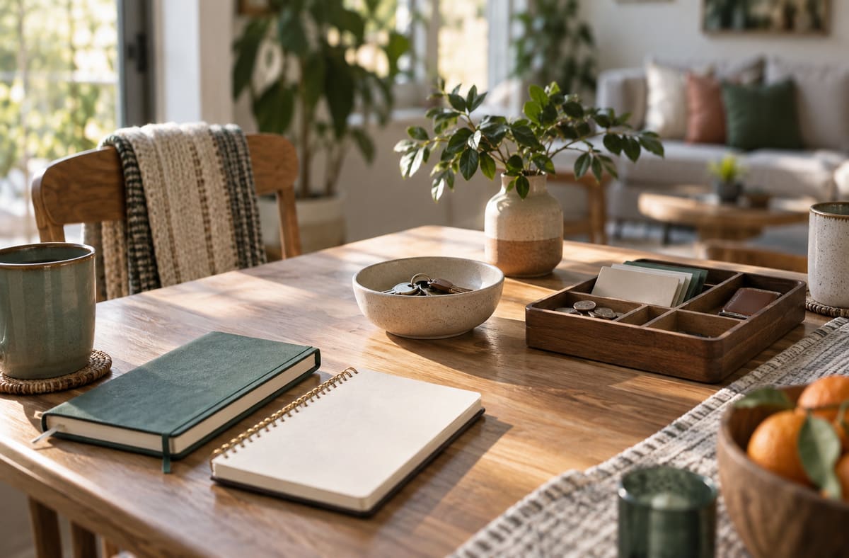 Blank joint bank notebooks frame joint bank decisions beside calm household objects