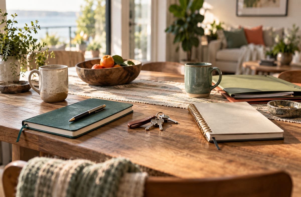 PostWeddingLife planning desk pairing household keys with blank newlywed notebooks