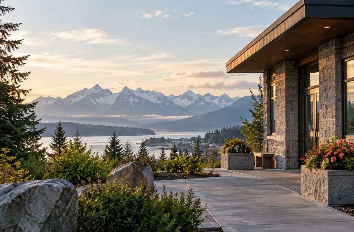 Quiet Alaska records courtyard with AK greenery beside an unmarked Alaska public walkway