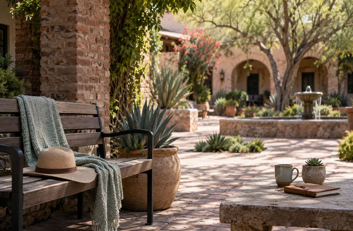 Quiet Arizona records courtyard with AZ greenery beside an unmarked Arizona public walkway