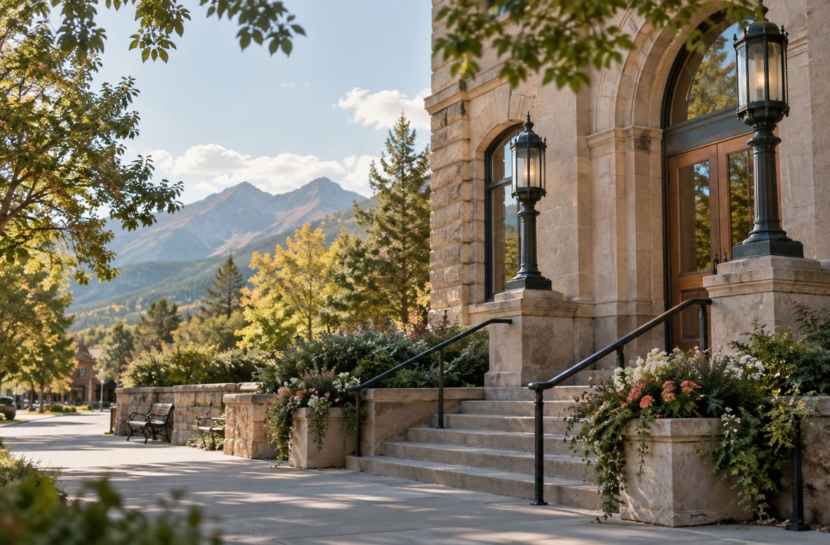Quiet Colorado records courtyard with CO greenery beside an unmarked Colorado public walkway