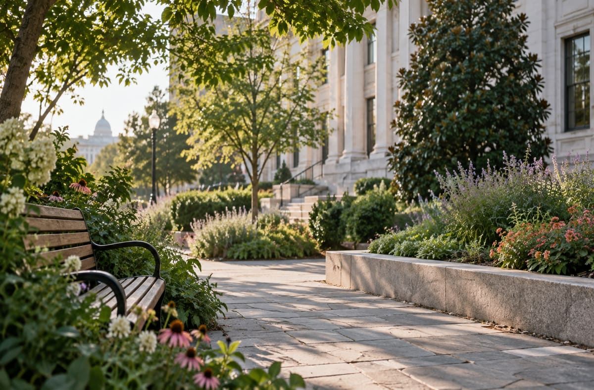 Quiet District of Columbia records courtyard with DC greenery beside an unmarked District of Columbia public walkway