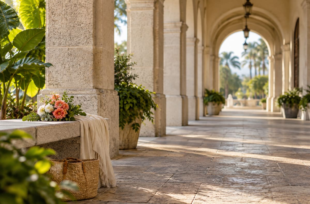 Quiet Florida records courtyard with FL greenery beside an unmarked Florida public walkway