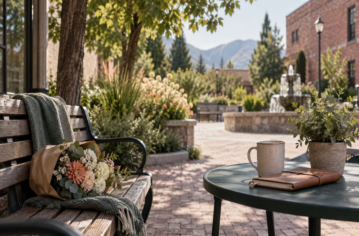 Quiet Idaho records courtyard with ID greenery beside an unmarked Idaho public walkway