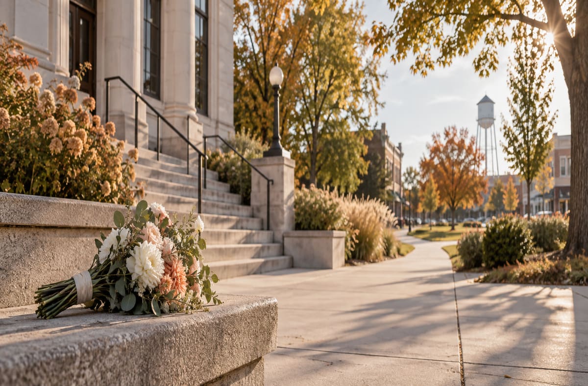 Quiet Kansas records courtyard with KS greenery beside an unmarked Kansas public walkway