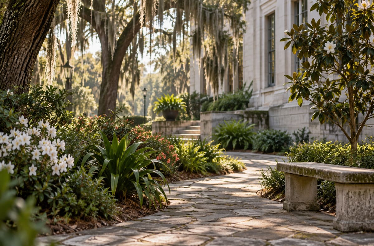 Quiet Louisiana records courtyard with LA greenery beside an unmarked Louisiana public walkway