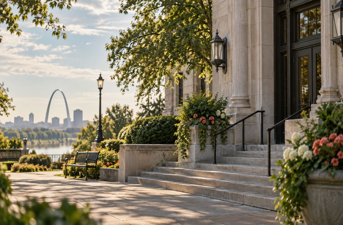 Quiet Missouri records courtyard with MO greenery beside an unmarked Missouri public walkway