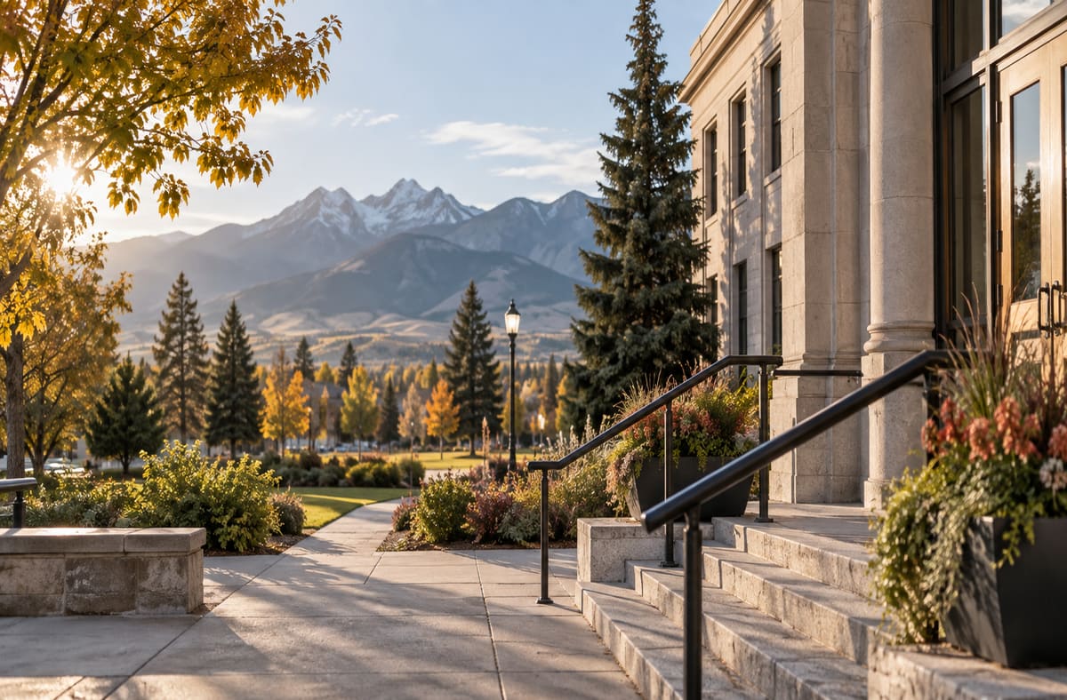 Quiet Montana records courtyard with MT greenery beside an unmarked Montana public walkway