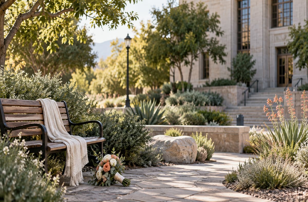 Quiet Nevada records courtyard with NV greenery beside an unmarked Nevada public walkway