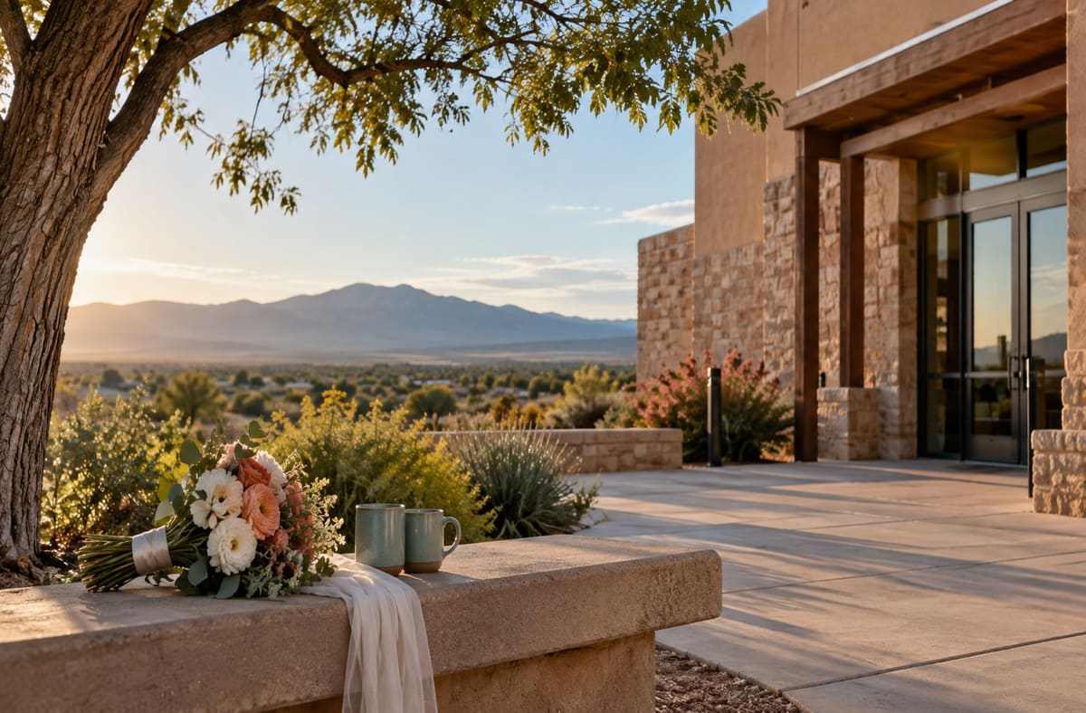 Quiet New Mexico records courtyard with NM greenery beside an unmarked New Mexico public walkway