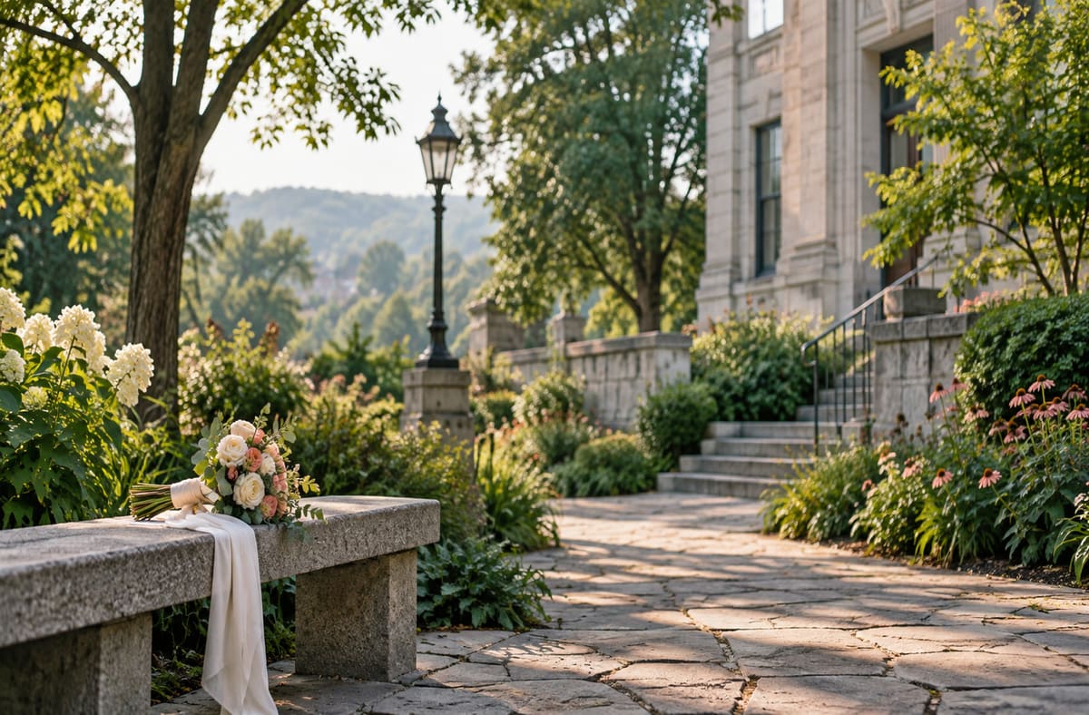 Quiet Pennsylvania records courtyard with PA greenery beside an unmarked Pennsylvania public walkway