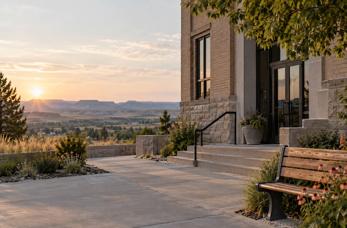 Quiet South Dakota records courtyard with SD greenery beside an unmarked South Dakota public walkway