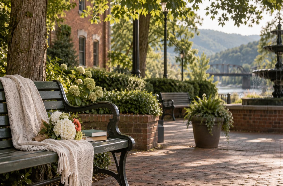 Quiet Tennessee records courtyard with TN greenery beside an unmarked Tennessee public walkway