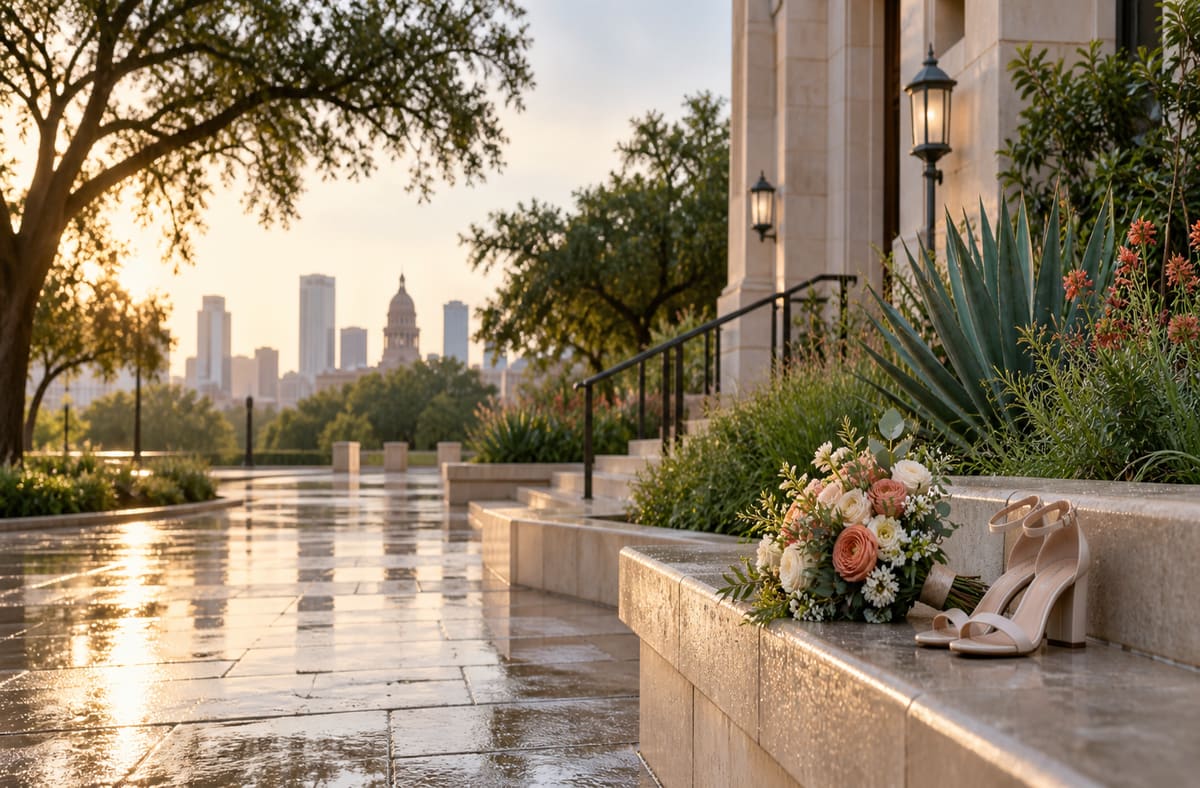 Quiet Texas records courtyard with TX greenery beside an unmarked Texas public walkway