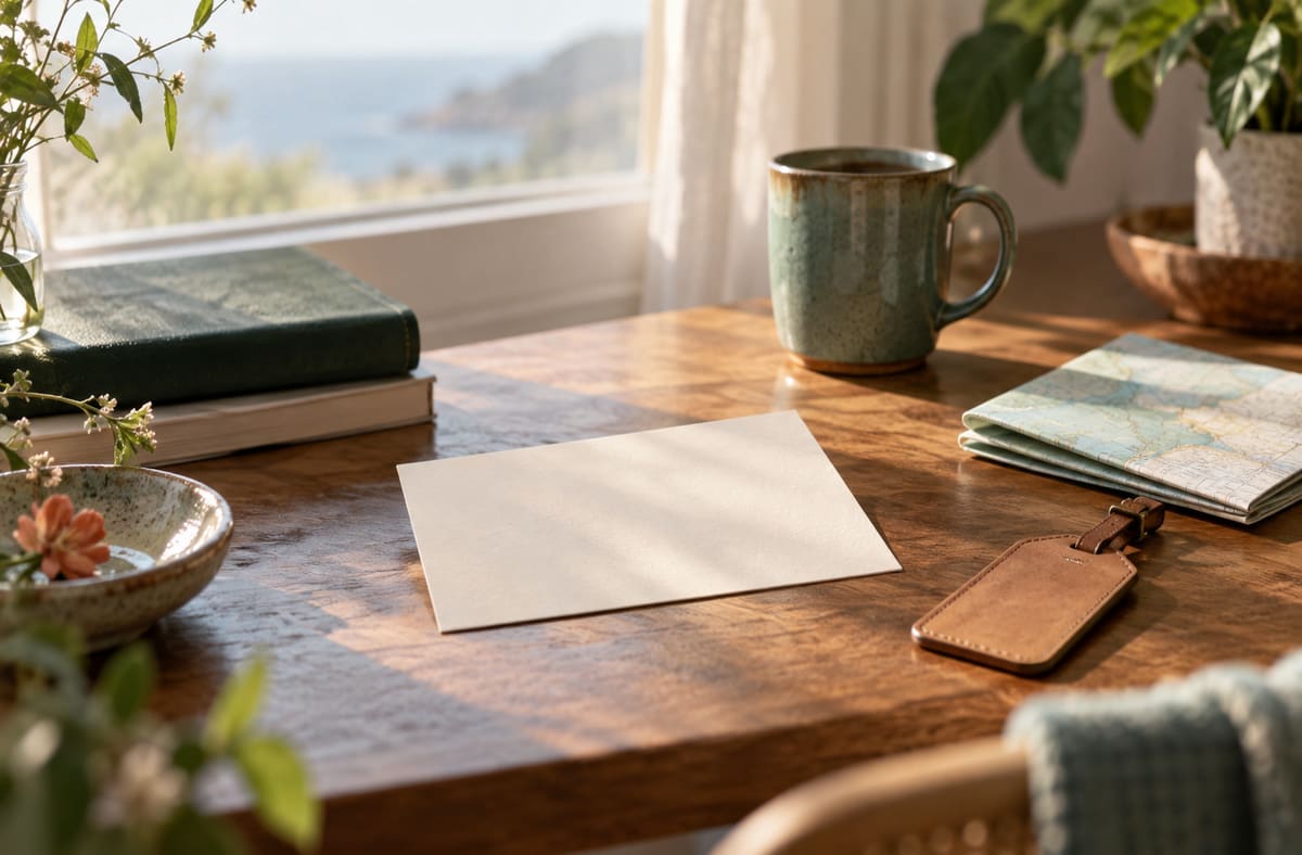 honeymoon stationery accompanies honeymoon keepsakes on a honeymoon writing desk