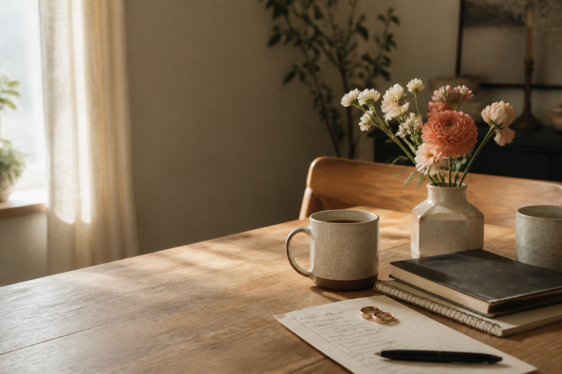 Two coffee cups, journals and flowers on a warm dining table